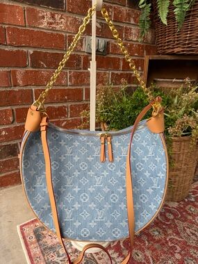 Designer-Style Light Blue Denim Shoulder Bag with Tan Trim